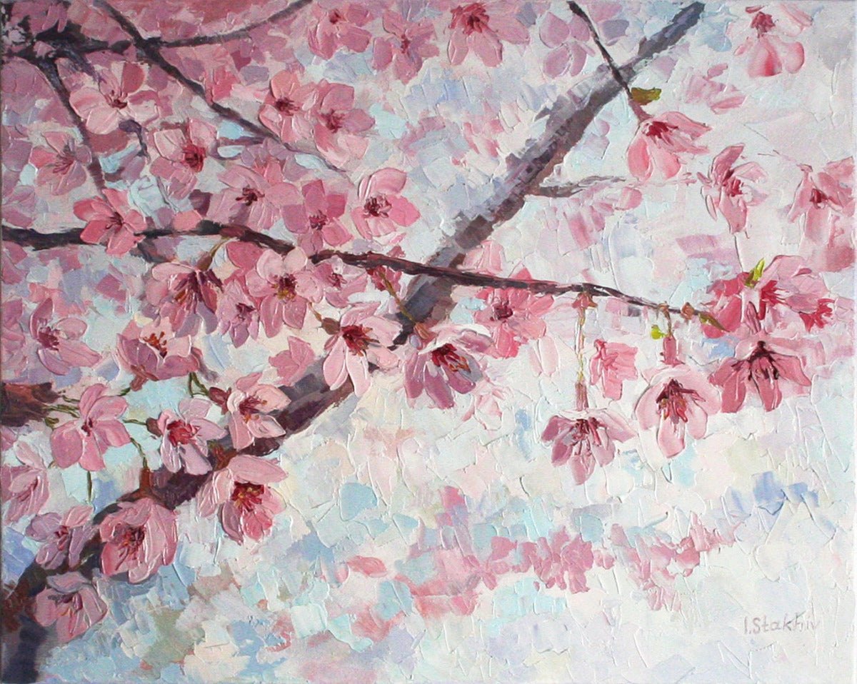 Original cherry blossom painting, impasto texture palette knife pink spring flowers wall art