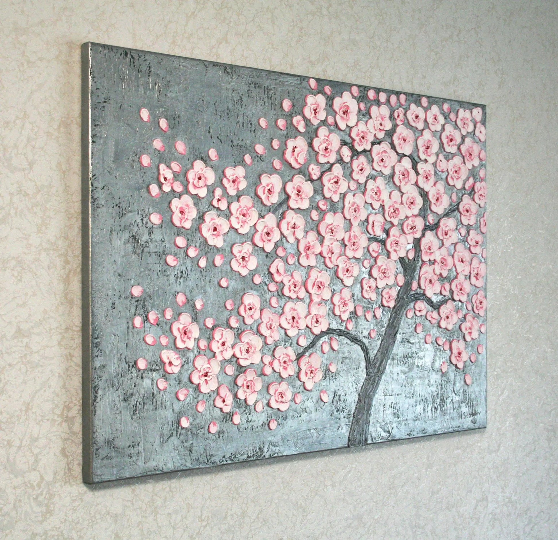 Original cherry blossom tree acrylic painting angled view – metallic silver background, impasto floral wall art