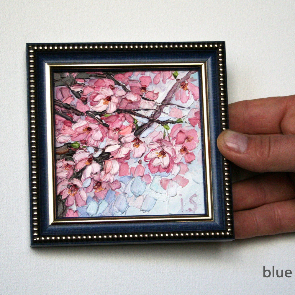 Original framed 4x4 cherry blossom tiny oil painting, impasto palette knife sakura art 