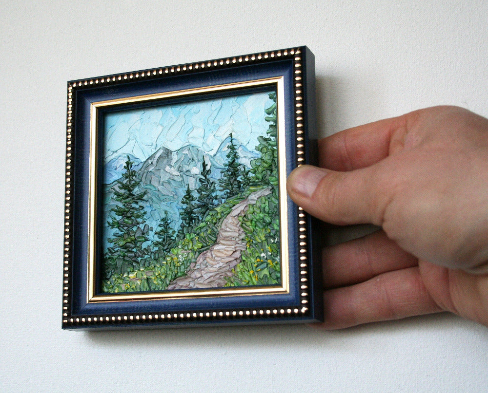 Original framed 4x4 landscape painting Rocky Mountains, impasto palette knife technique