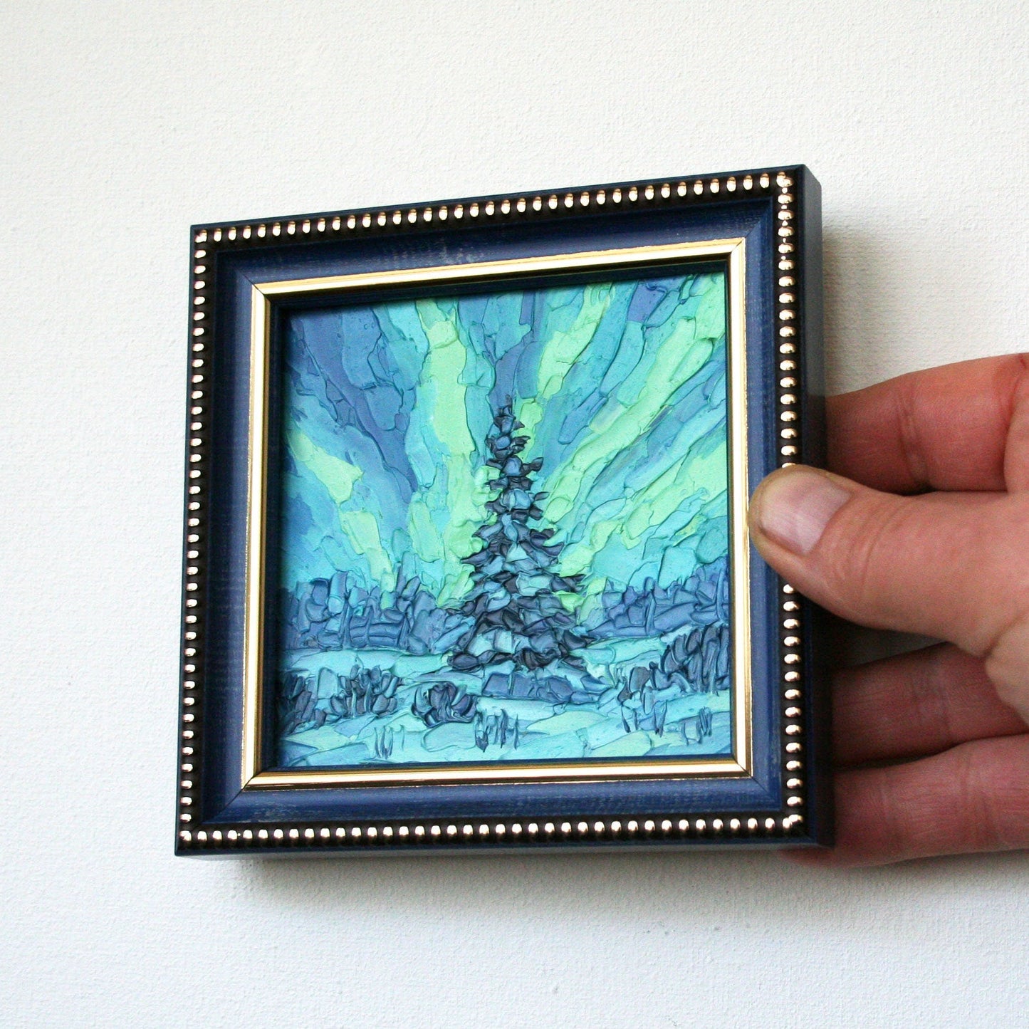 Original framed 4x4 northern lights painting, palette knife impasto pine tree Aurora Borealis artwork