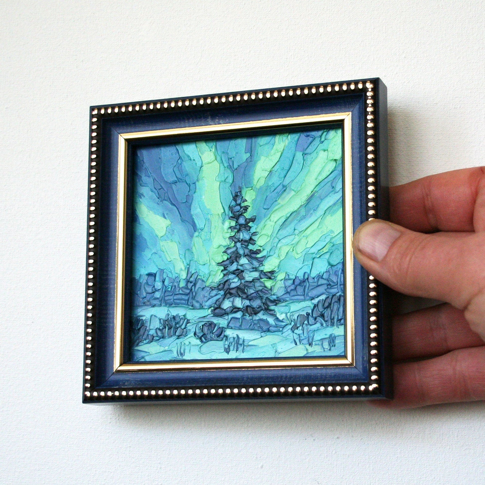 Original framed 4x4 northern lights painting, palette knife impasto pine tree Aurora Borealis artwork