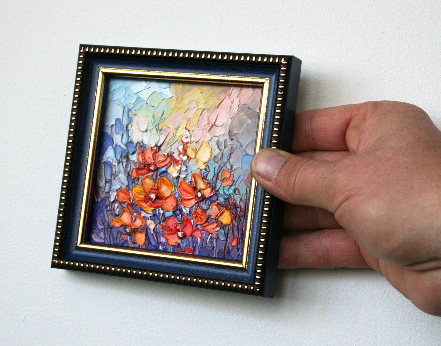 Original framed 4x4 oil painting with pink and yellow flowers, heavy texture palette knife