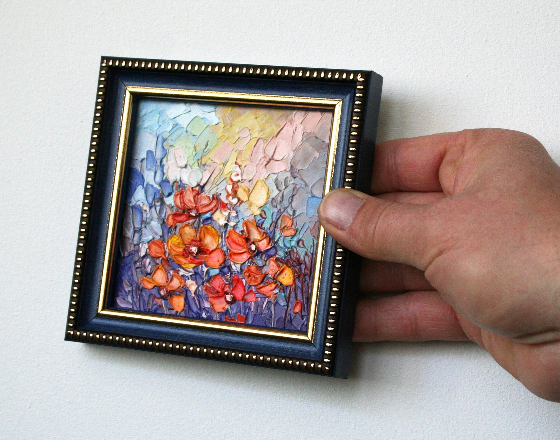 Original framed 4x4 oil painting with pink and yellow flowers, heavy texture palette knife