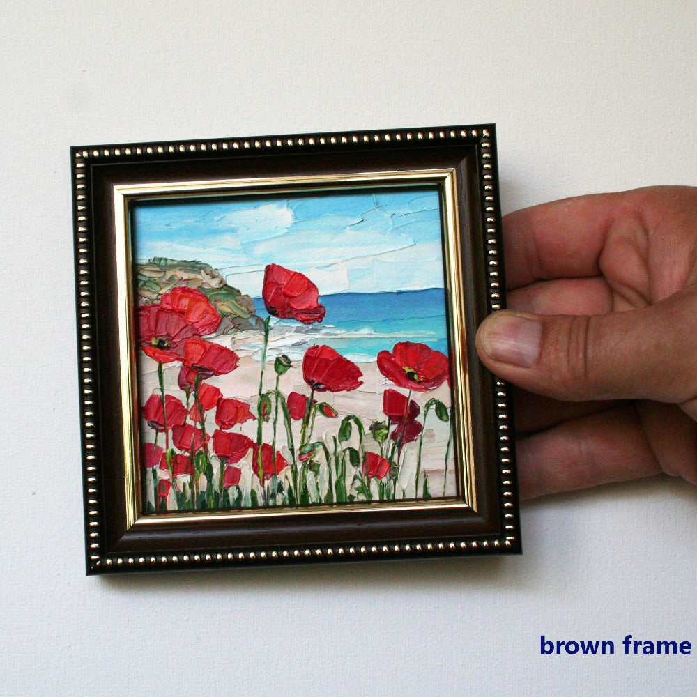 Original framed 4x4 red poppies painting, impasto palette knife artwork