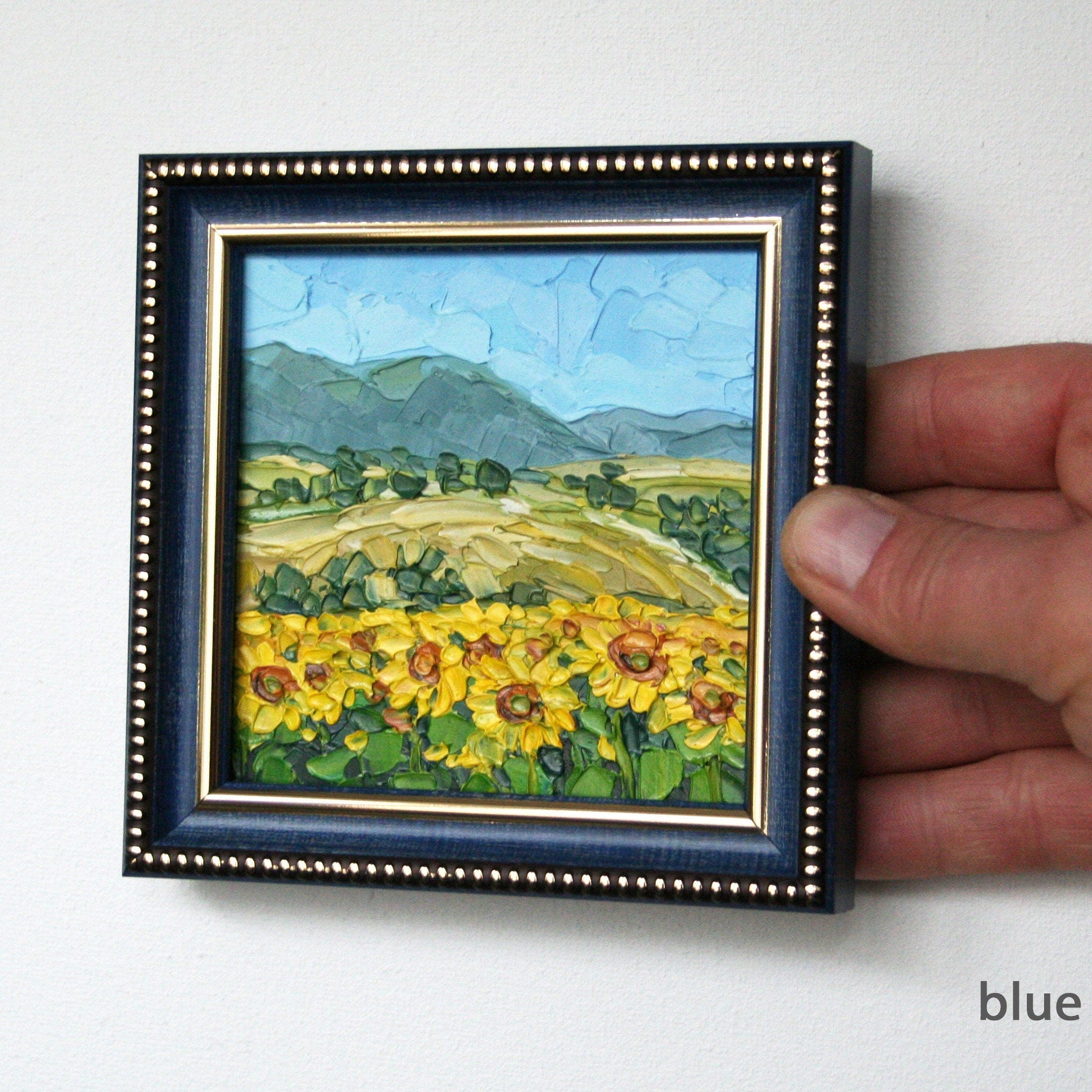 Original framed 4x4 sunflower field painting, impasto palette knife Italian landscape artwork