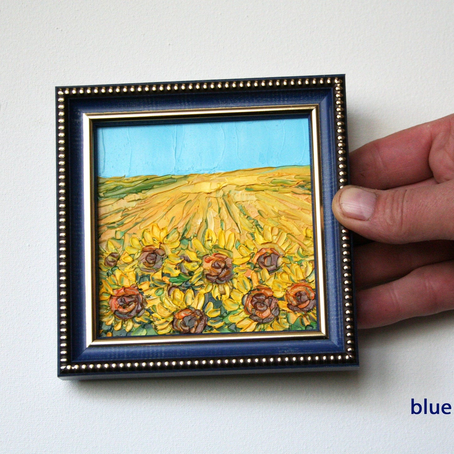 Original framed 4x4 sunflower painting, impasto palette knife flower field artwork