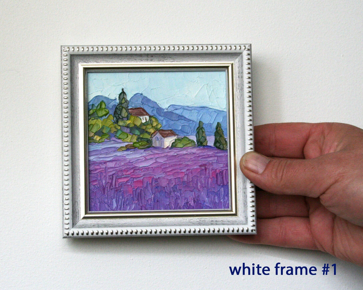 Original framed mini oil painting lavender Provence, French landscape impasto art 4x4 hard panel