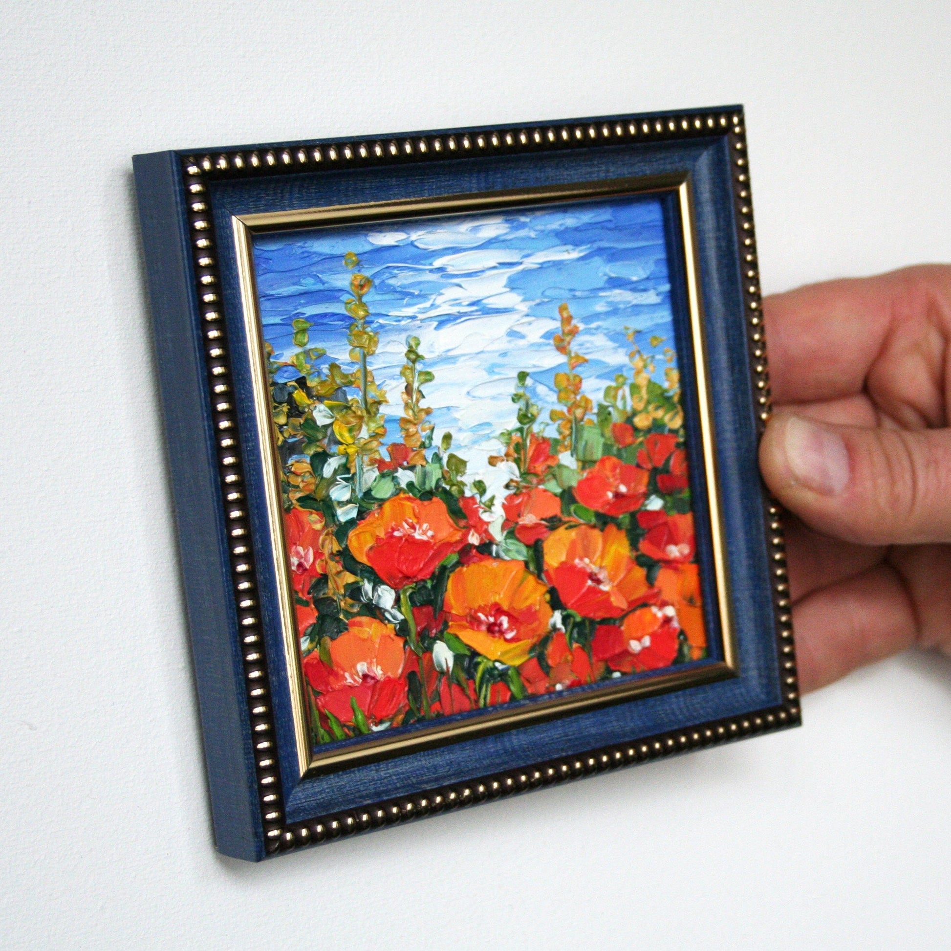Original framed poppy field oil painting, vibrant orange impasto palette knife technique close-up