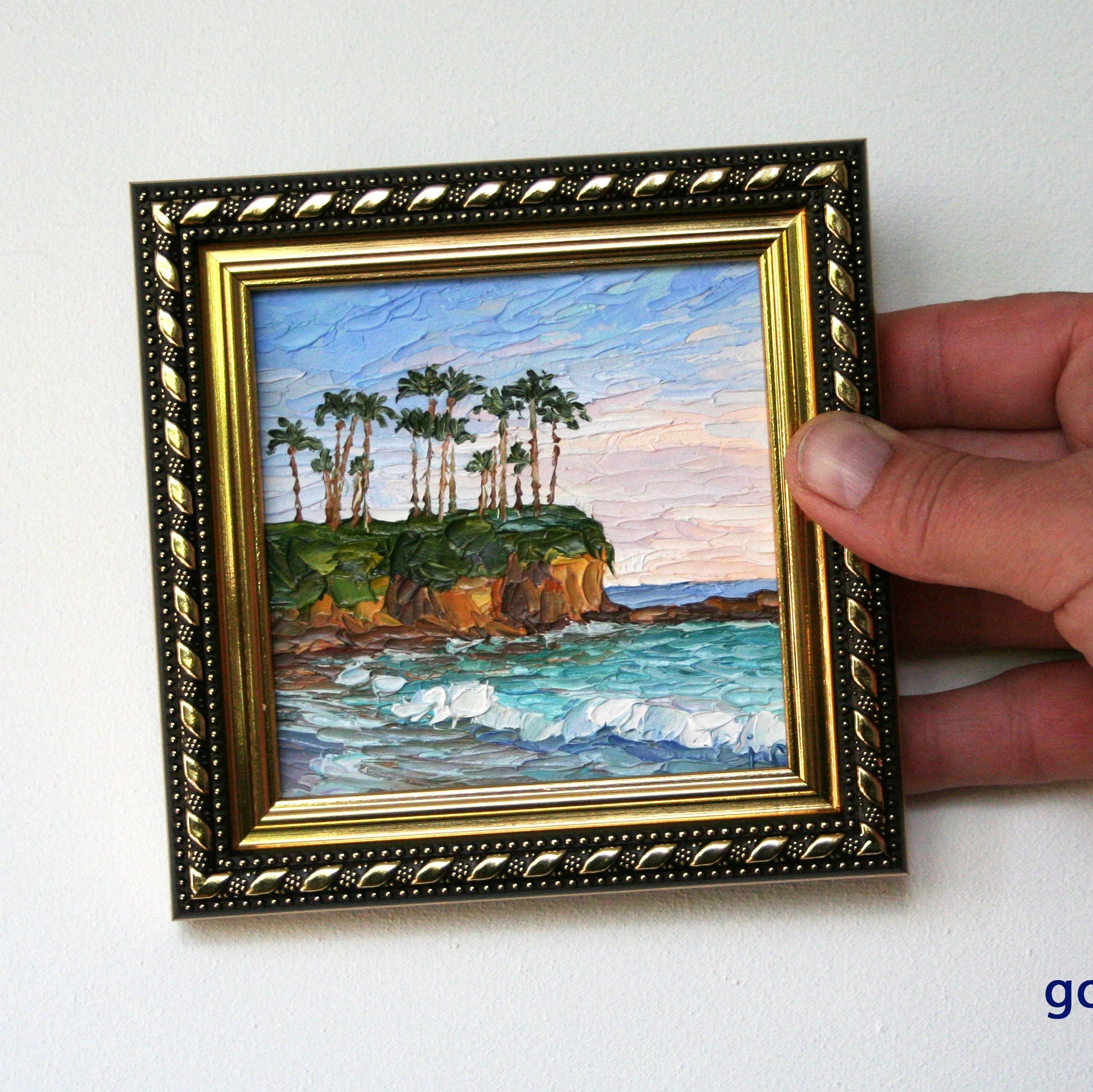 Original framed seascape mini oil painting California coast, Laguna Beach impasto art 4x4 hard panel