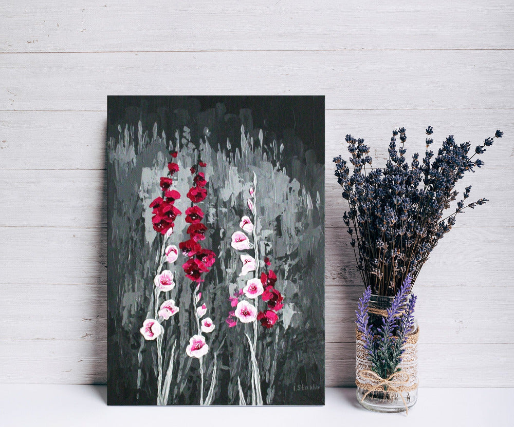 Original gladiolus painting on canvas, gothic flower wall art dark background palette knife
