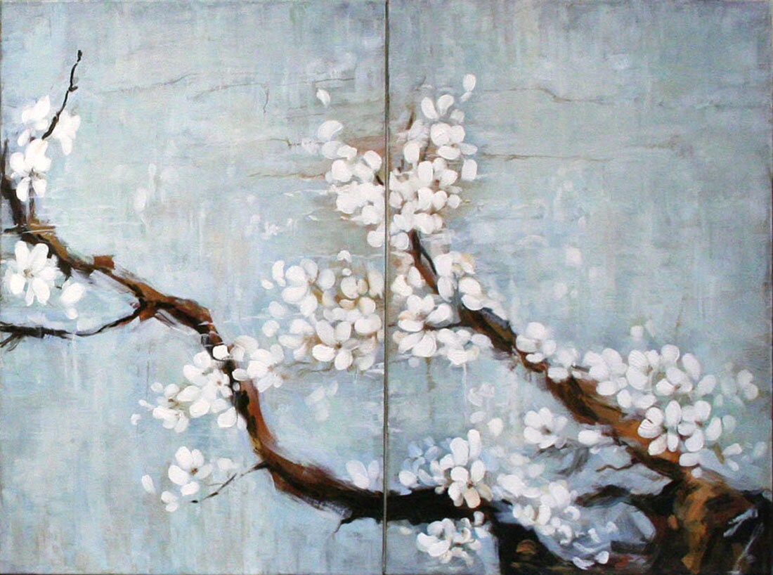 Original hand painted cherry blossom canvas set, abstract floral wall art above bed decor