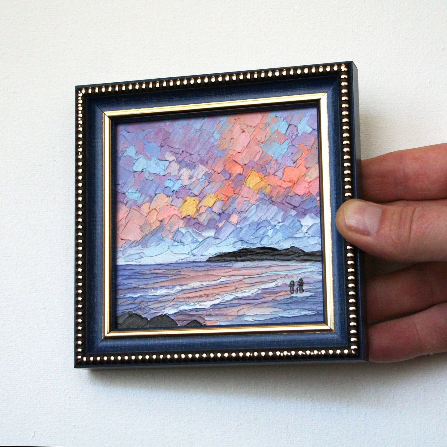Original impasto oil painting sunset clouds, violet orange gold tones, framed 4x4 panel