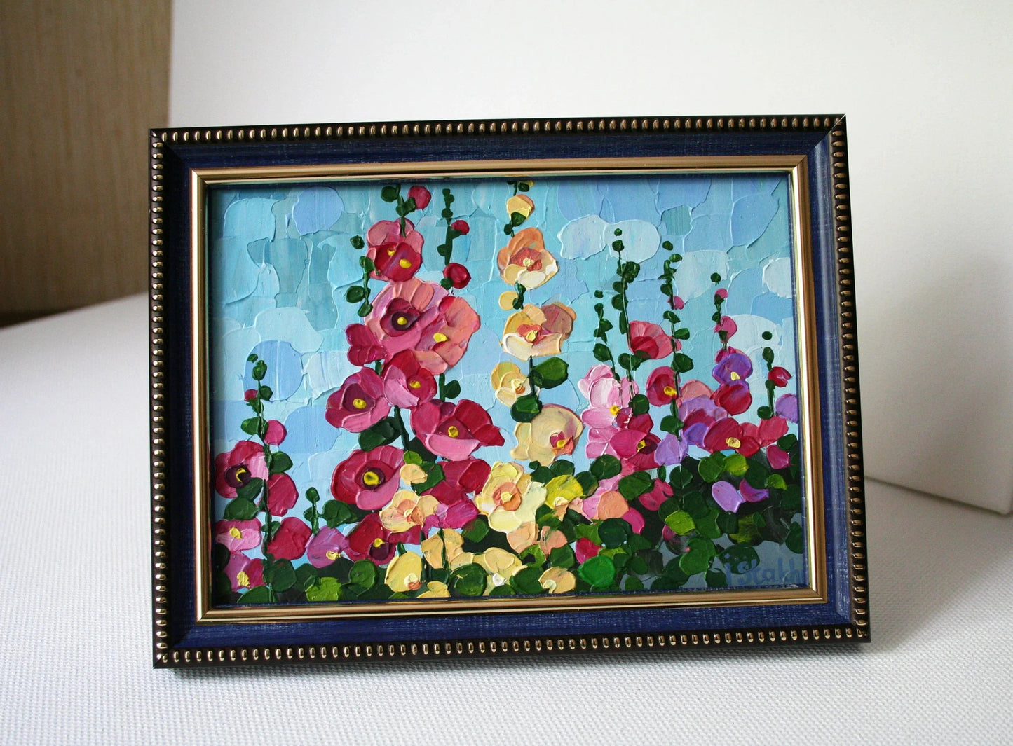 Original impasto painting of pink and yellow hollyhocks, palette knife technique, 10x15 cm panel by Iryna Stakhiv