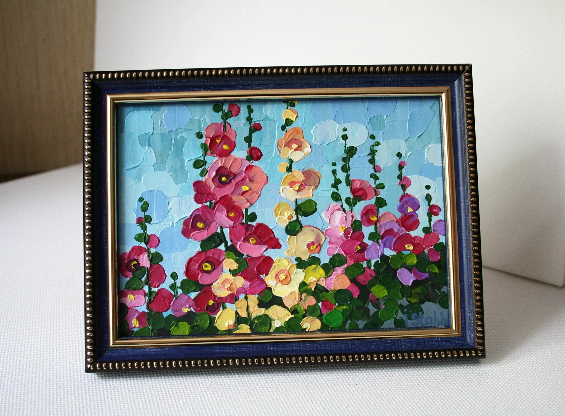 Original impasto painting of pink and yellow hollyhocks, palette knife technique, 10x15 cm panel by Iryna Stakhiv