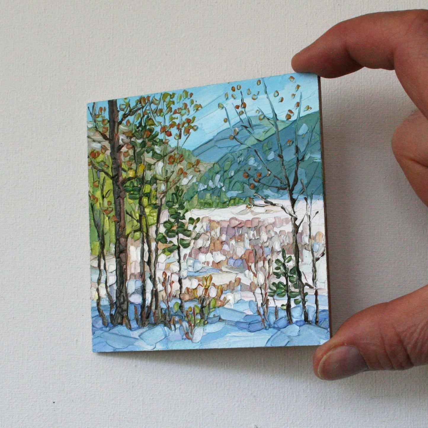 Original impasto winter morning painting 4x6 inches framed