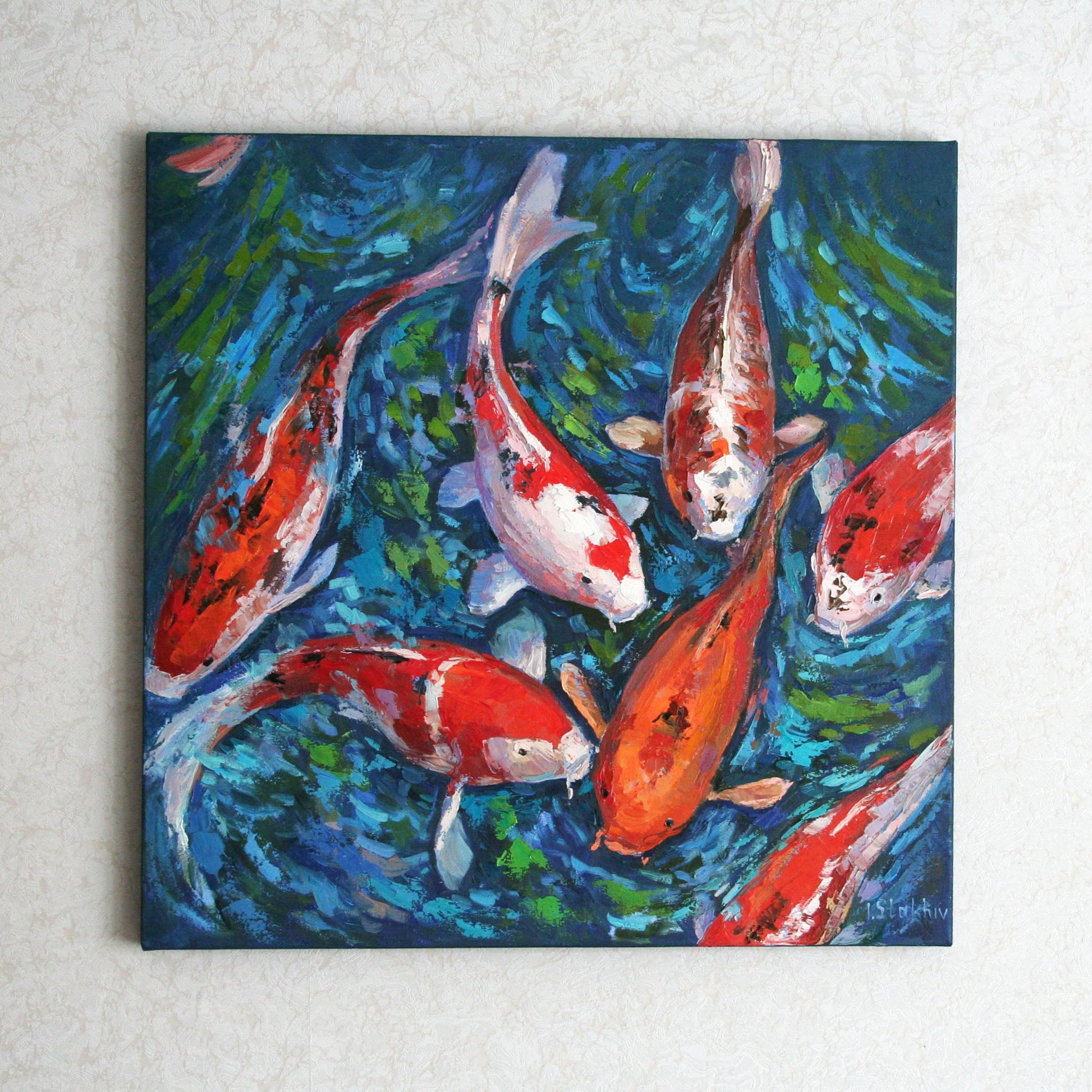 Original koi fish oil painting with thick impasto texture by Iryna Stakhiv