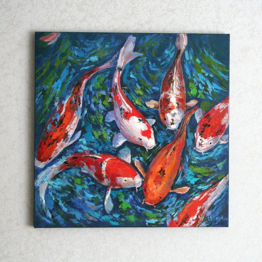 Original koi fish oil painting with thick impasto texture by Iryna Stakhiv