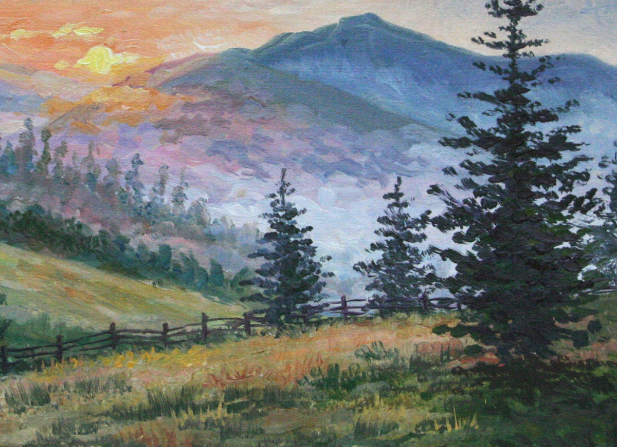 Original landscape canvas art foggy mountains, mountain sunrise sunset oil painting brushstroke