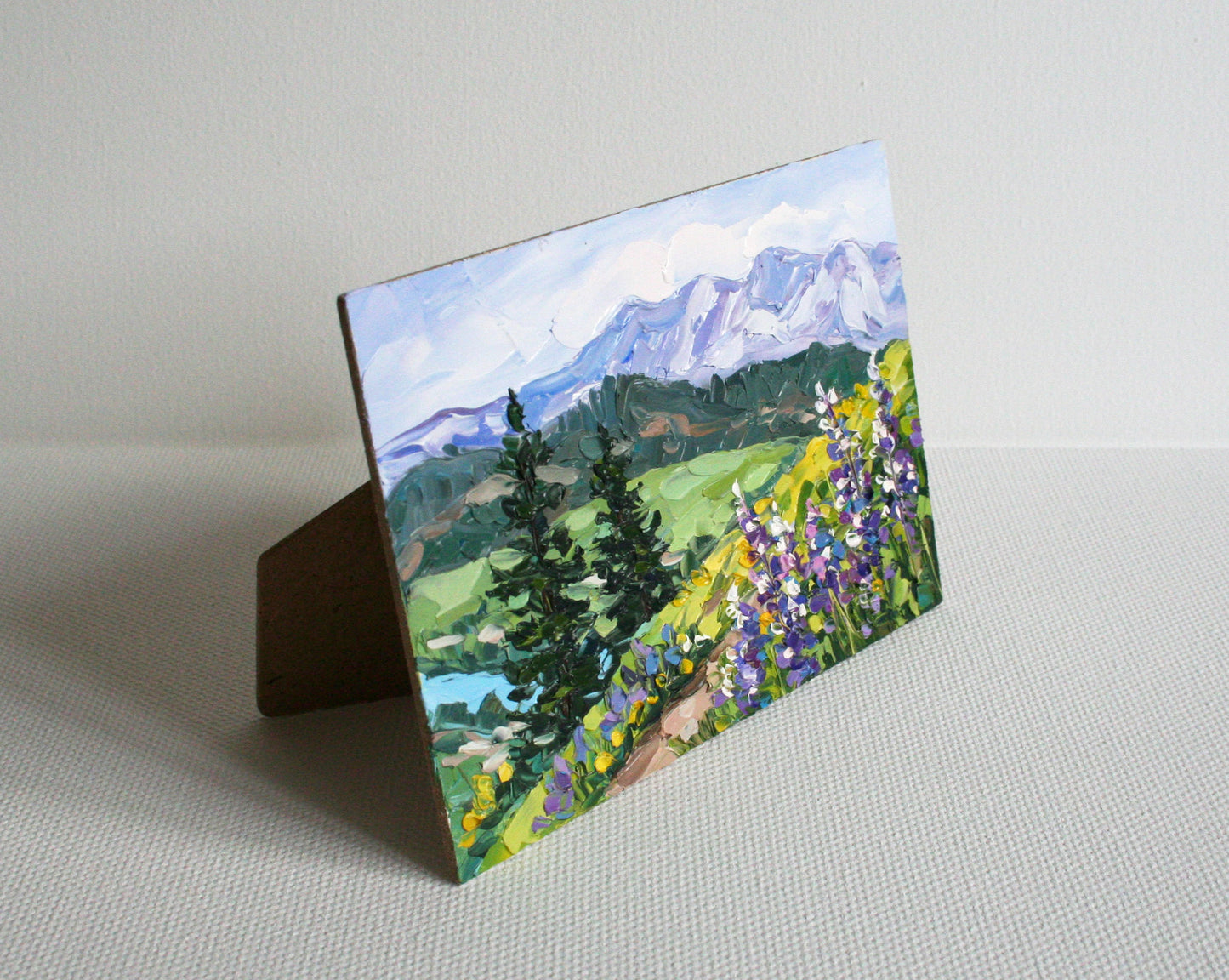 Original mini oil painting Washington mountains and wildflowers, small framed wall art gift idea