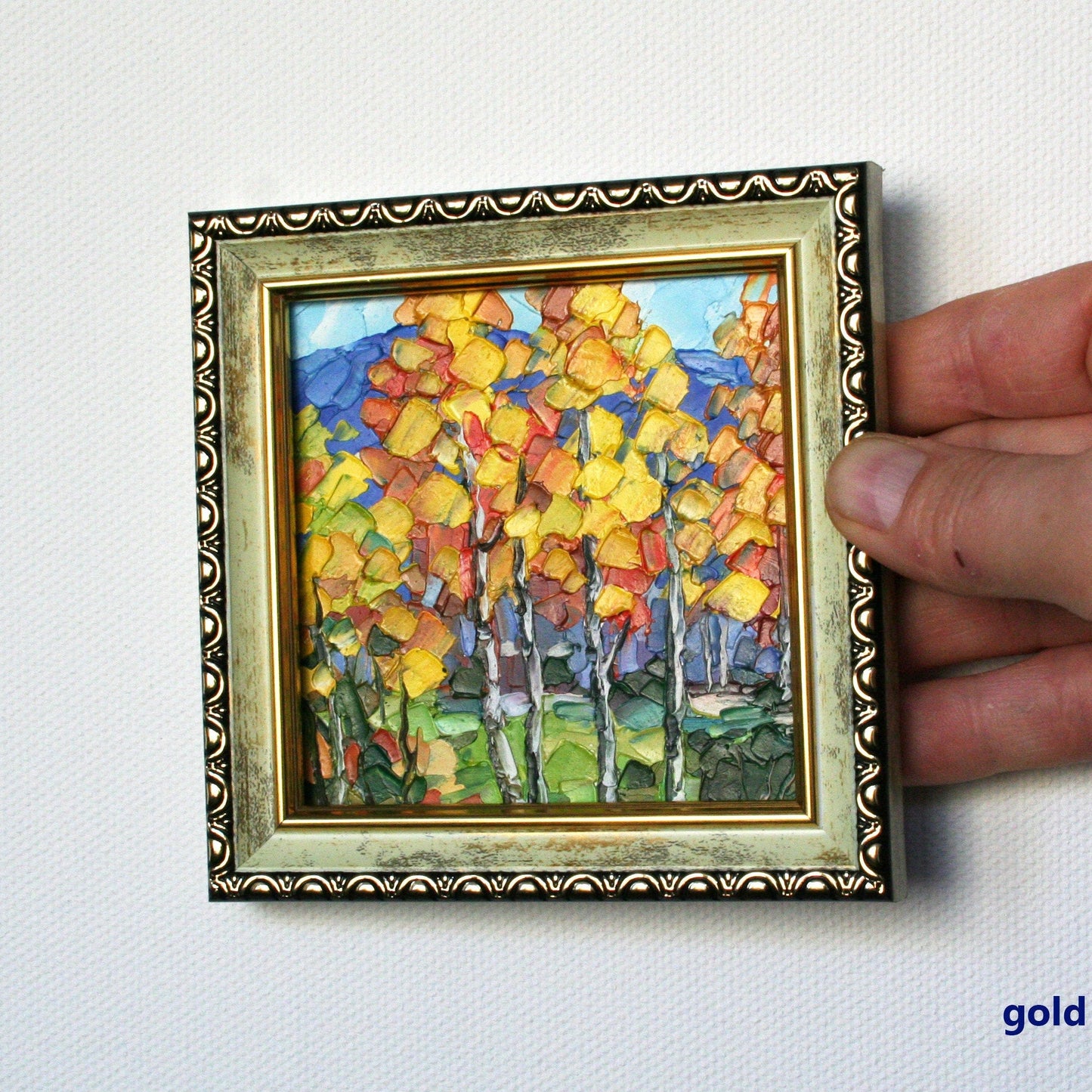 Original mini oil painting aspen trees fall landscape, textured impasto art hard panel framed