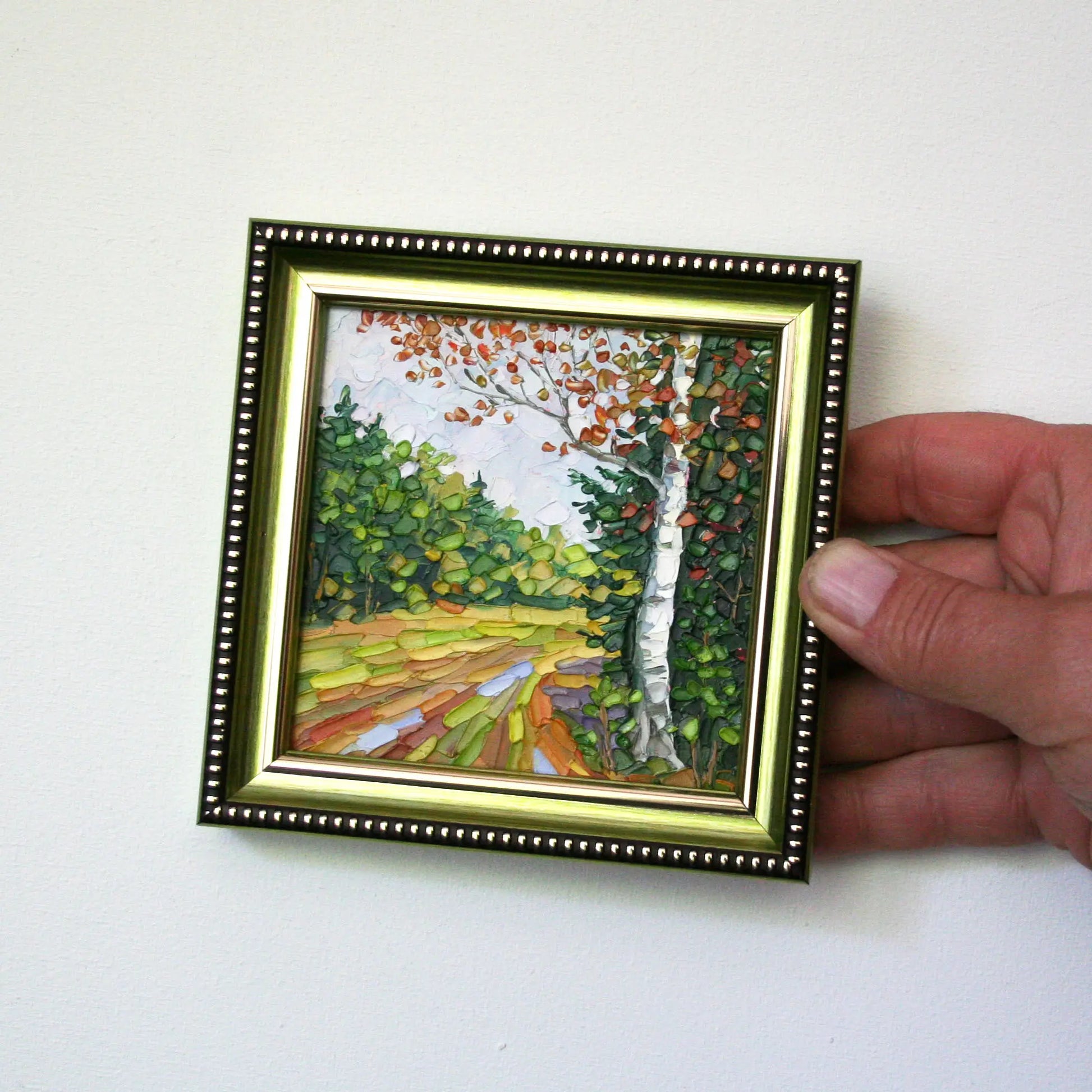 Original mini oil painting — birch tree forest path, New England landscape art 4x4