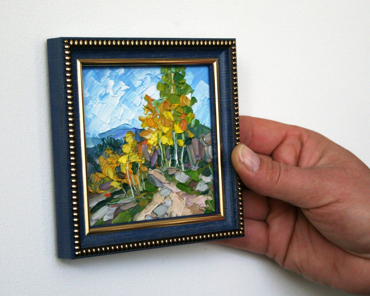 Original mini oil painting birch trees fall landscape, textured impasto art framed