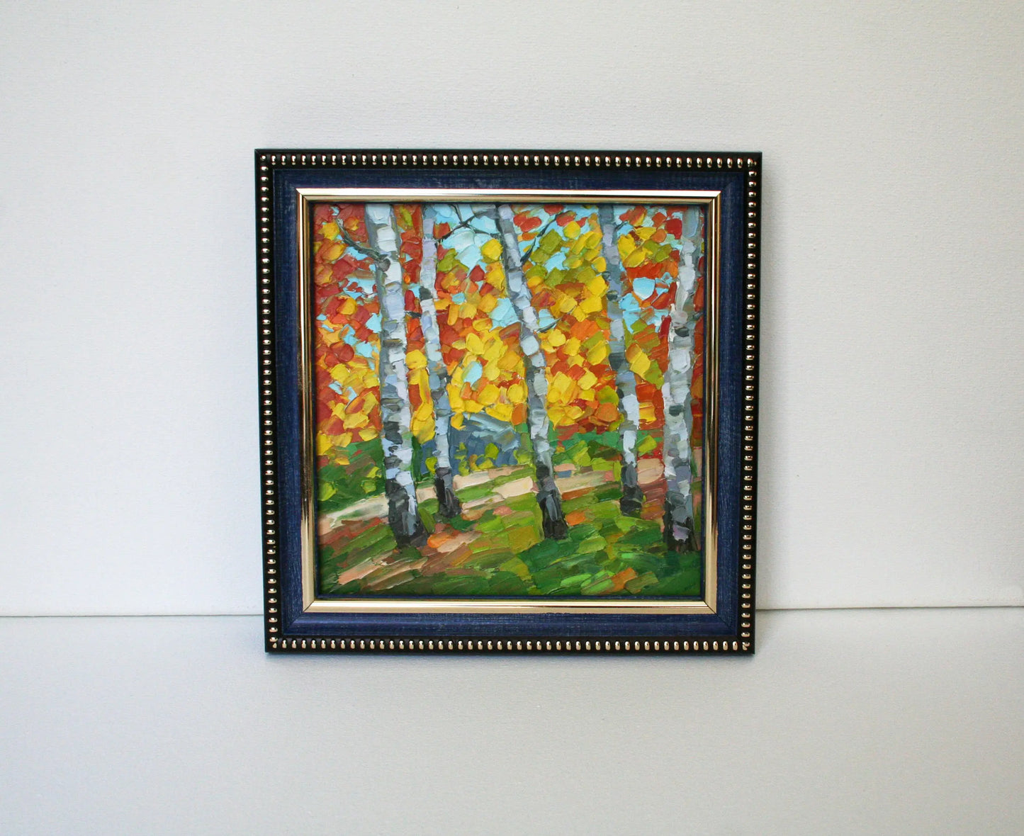 Original mini oil painting of New England birch forest in fall foliage, framed, palette knife impasto technique