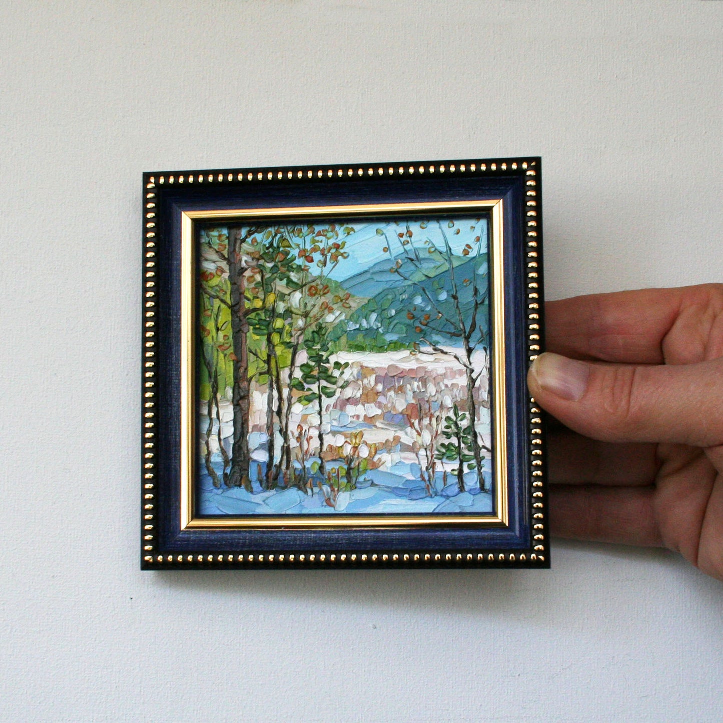 Original mini oil painting of a snowy mountain landscape. Hand-painted impasto fine art 4x4 inches. 