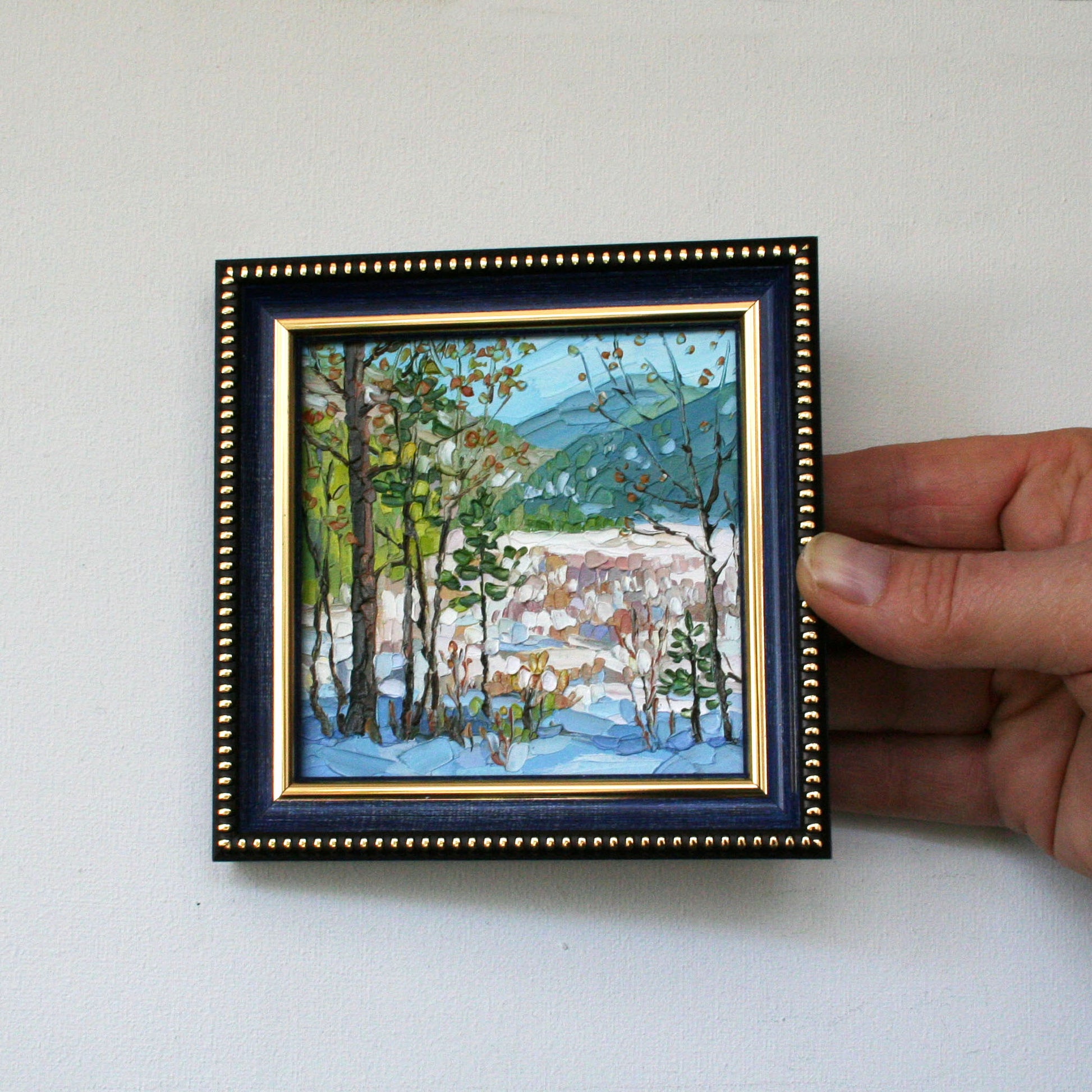 Original mini oil painting of a snowy mountain landscape. Hand-painted impasto fine art 4x4 inches. 