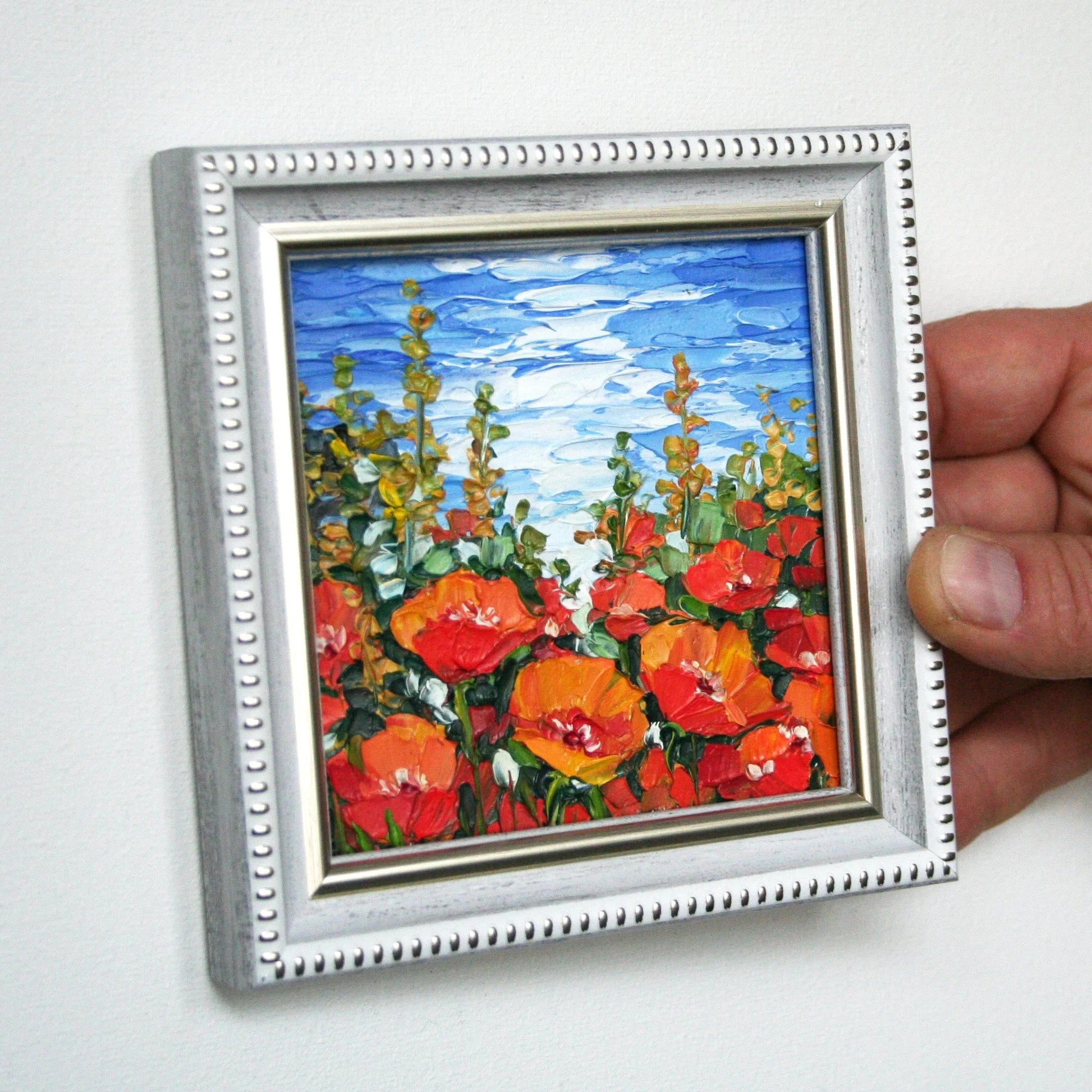 Original mini oil painting poppy field in frame, small wall art gift idea by Iryna Stakhiv