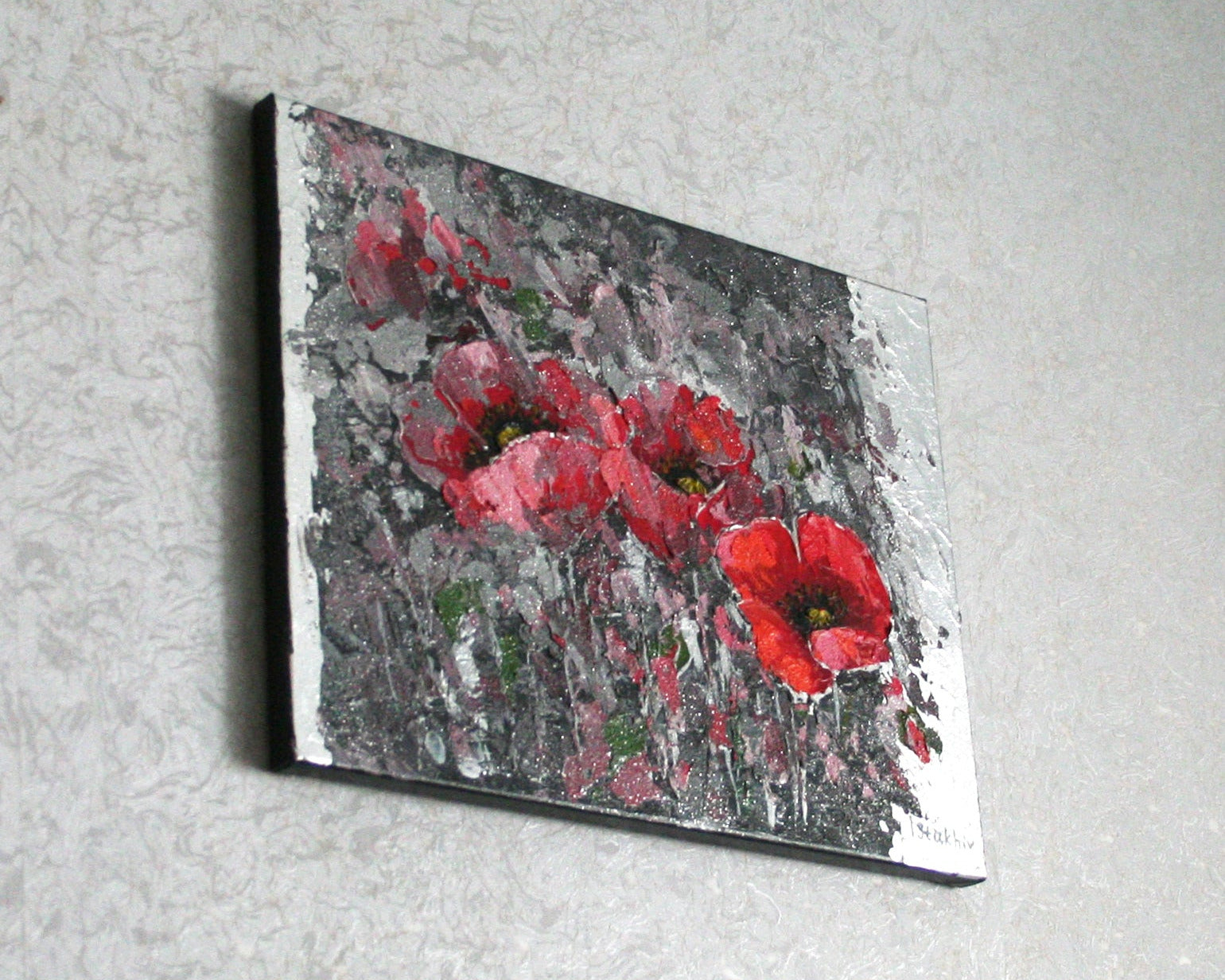 Original mixed media poppy painting 12x16, silver leaf and paste texture on gallery canvas 