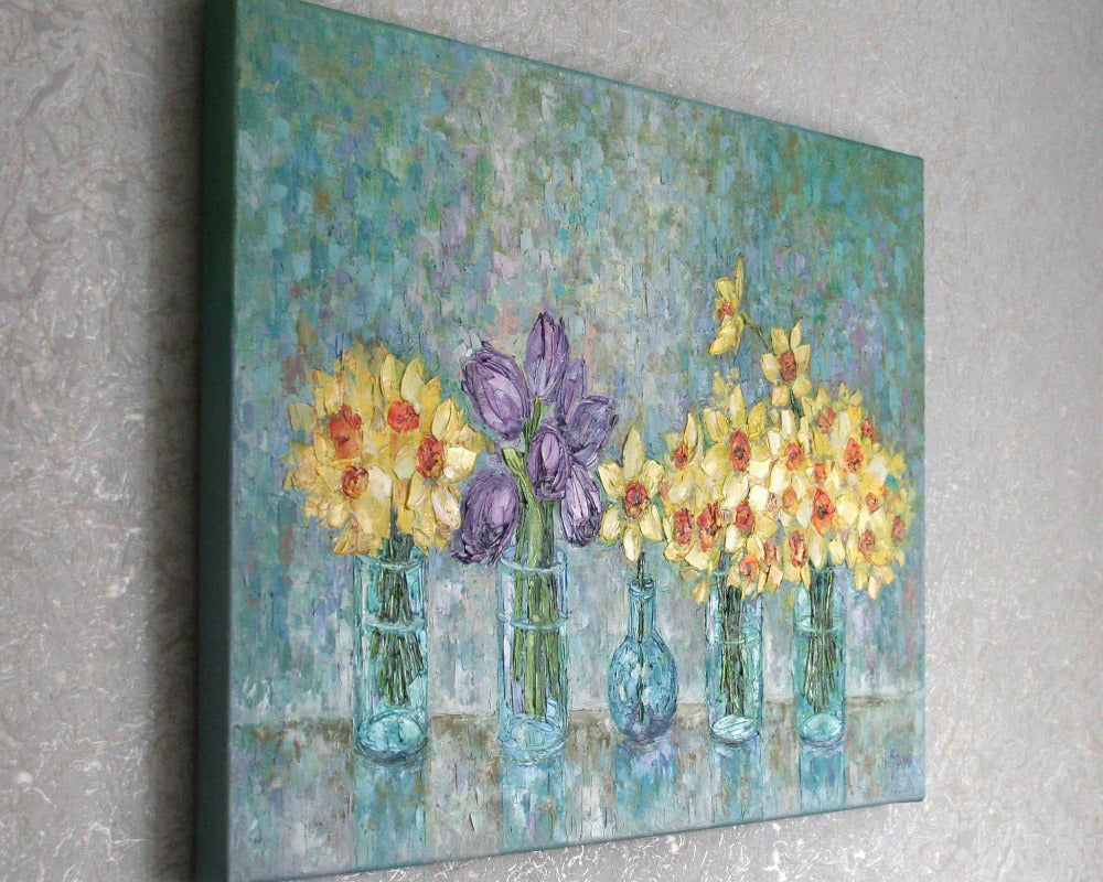 Spring Flowers Original oil on canvas painting with painted edges, showing it is a genuine handmade piece.