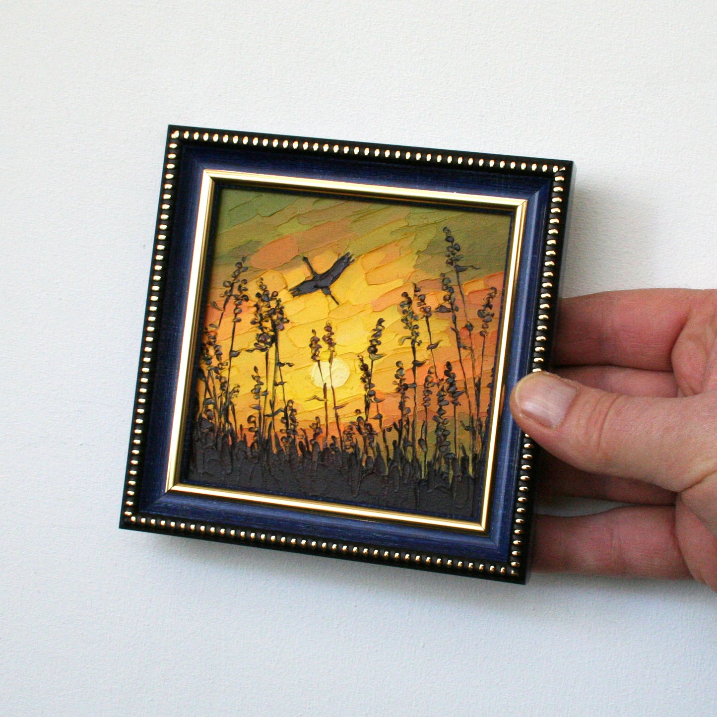 Original palette knife oil painting of stork at sunset, 4x4 inch mini framed art