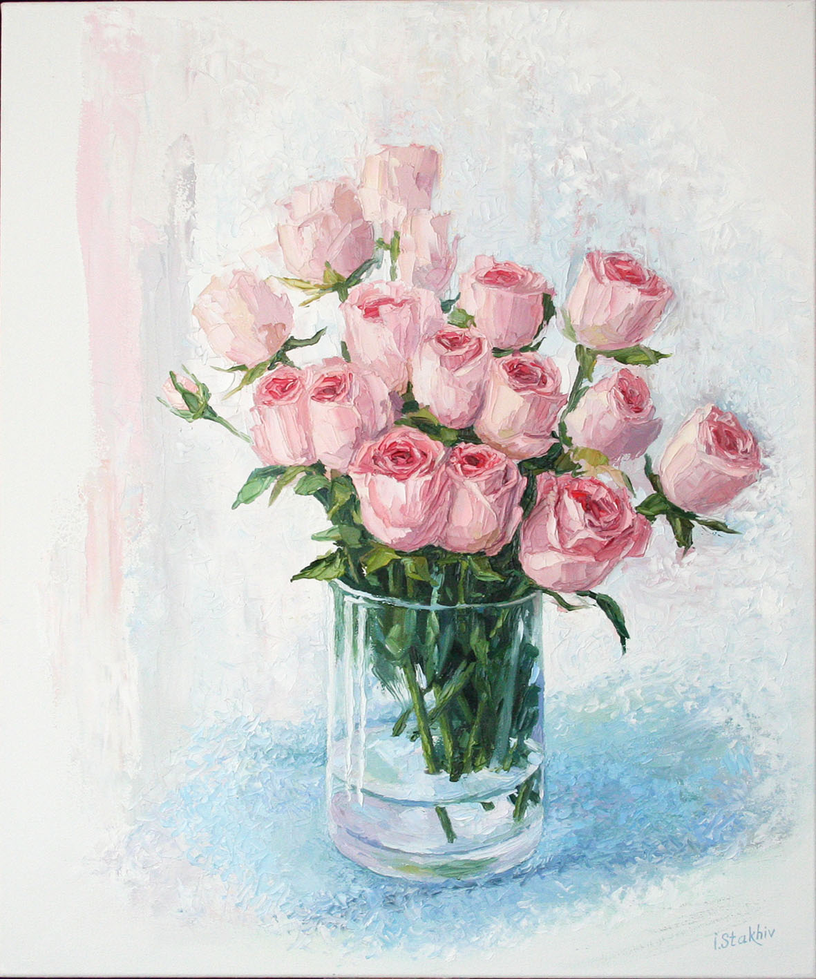 Original rose oil painting 20x24, heavy texture palette knife technique, gallery wrapped canvas