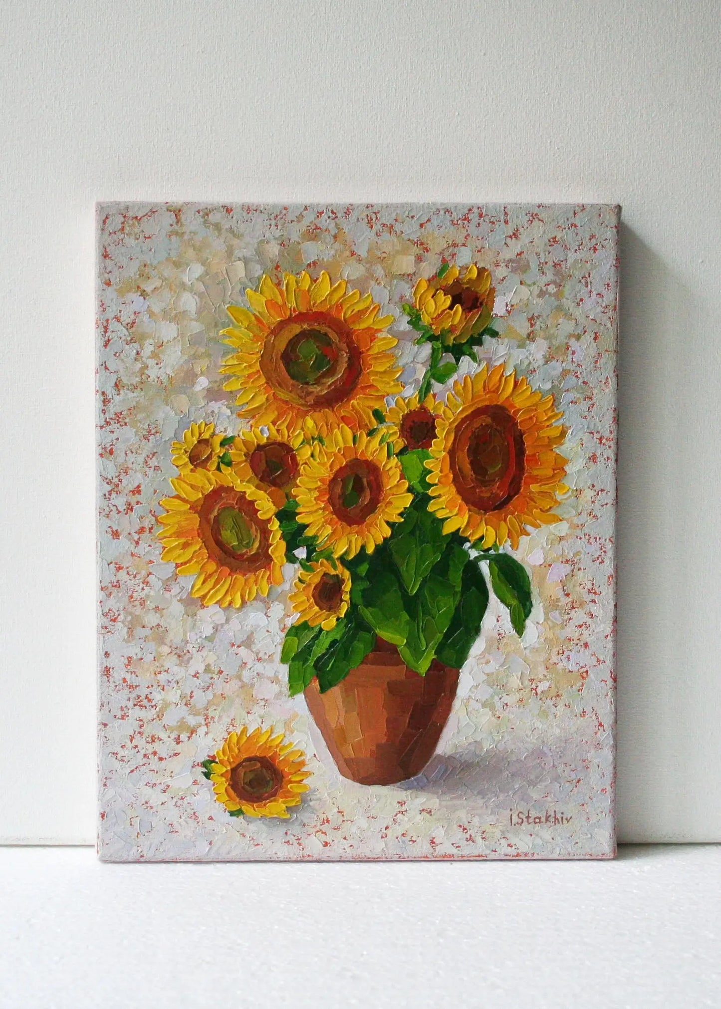 Sunflower painting 8x10, impasto palette knife oil on canvas by Iryna Stakhiv, original Ukrainian art