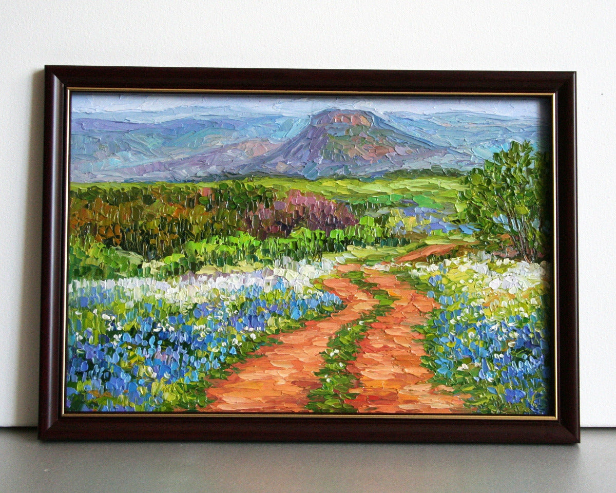 Original textured Texas bluebonnet painting, framed wildflower hill country landscape art 20x30 cm