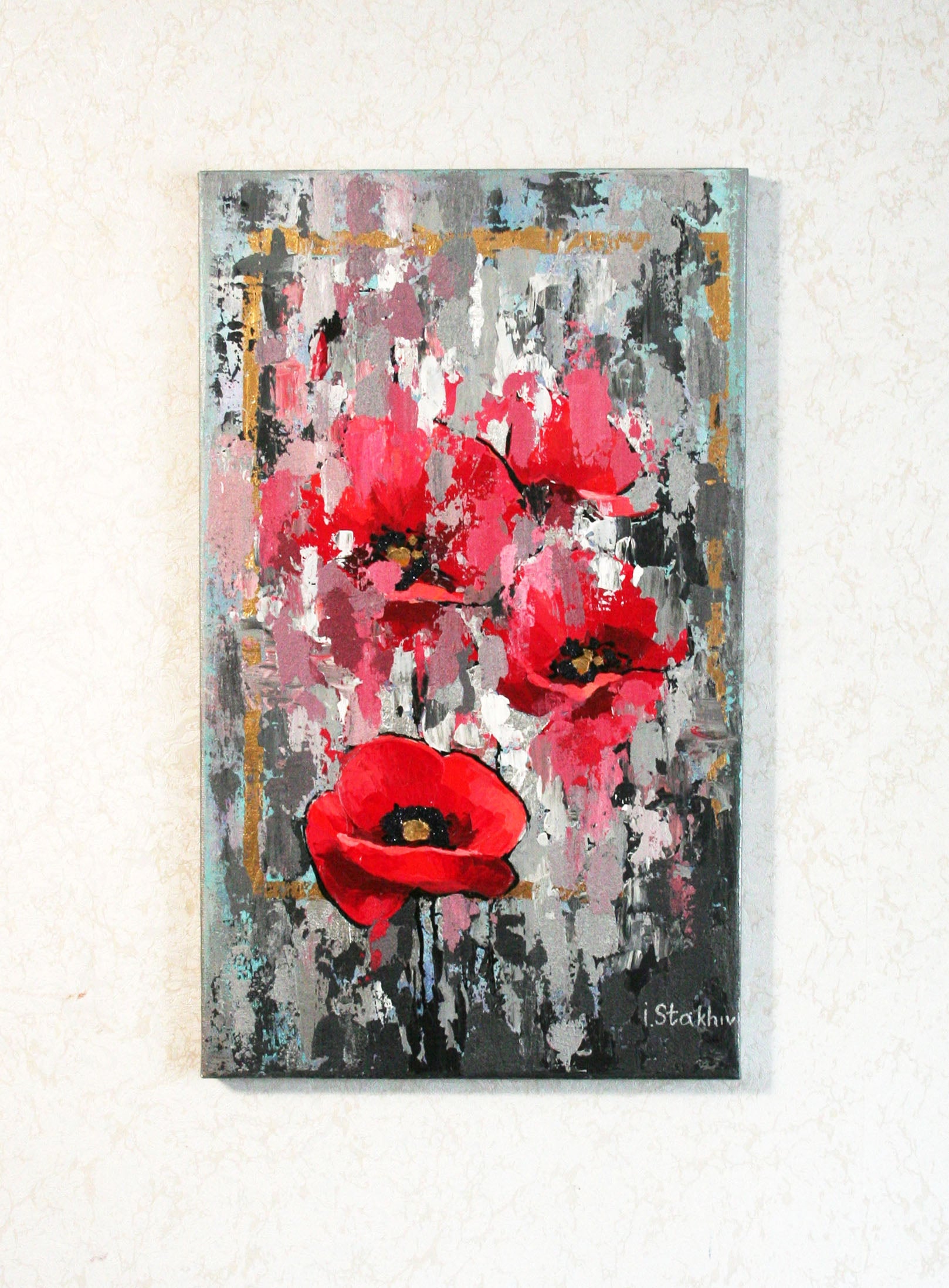 Palette knife impasto red poppy painting on canvas