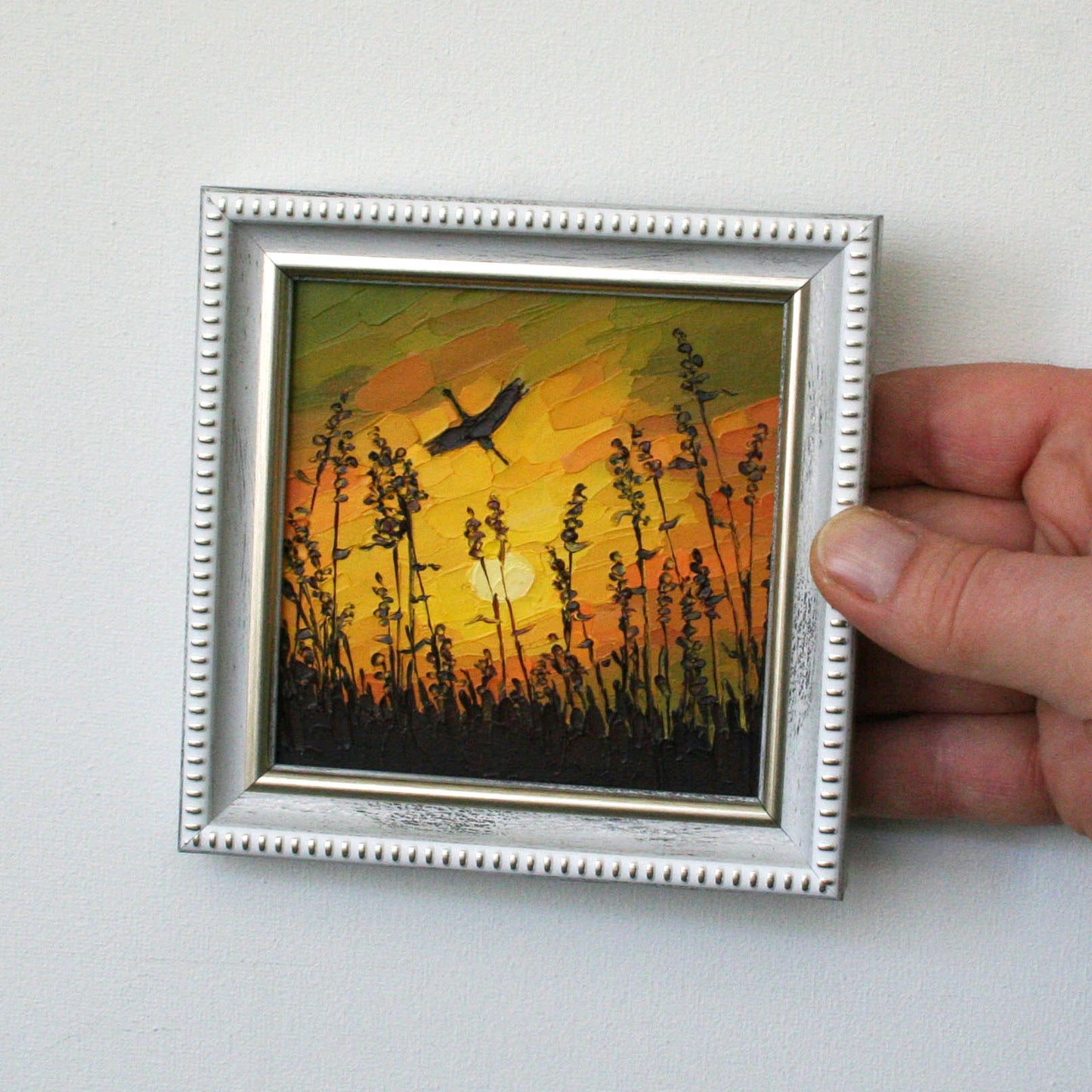 Palette knife textured painting of sunset sky, framed original mini oil painting