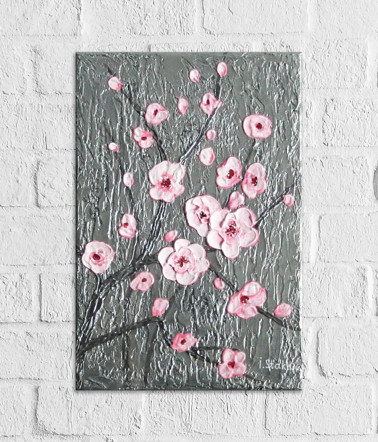 Pink cherry blossom 3D painting, original silver metallic palette knife acrylic art 8x12 inches