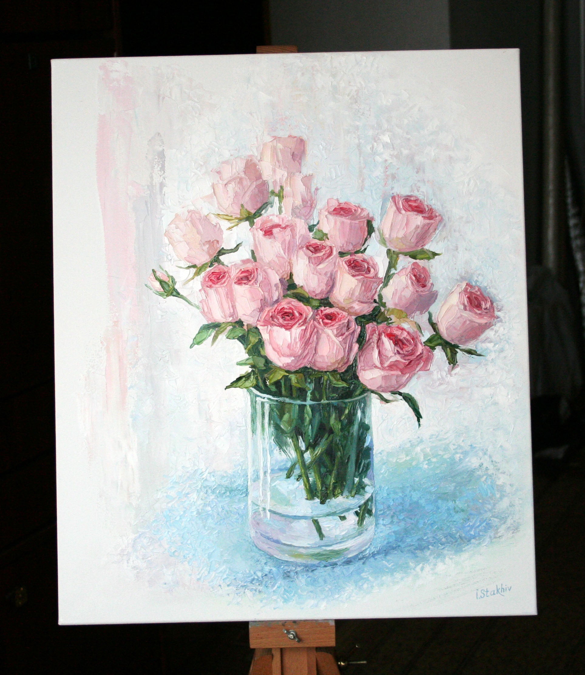 Pink roses in vase still life oil painting, original handmade artwork 50x60 cm