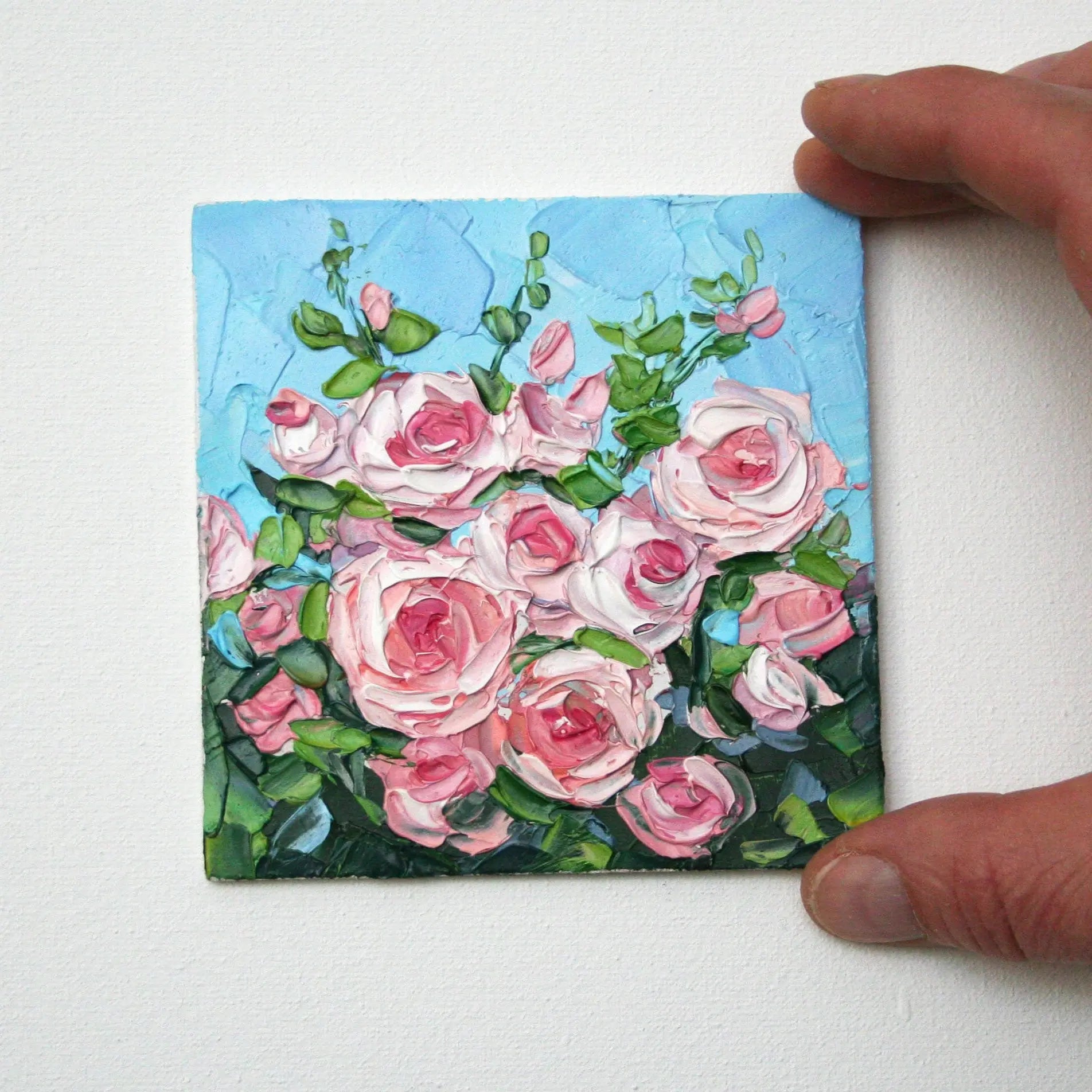Pink roses original oil painting without frame, textured impasto floral art 4x4