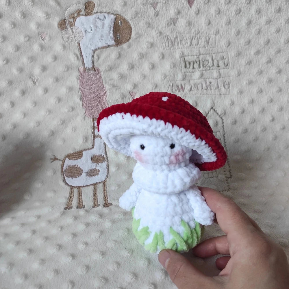 Plush mushroom crochet toadstool in hand – size reference 15cm handmade toy