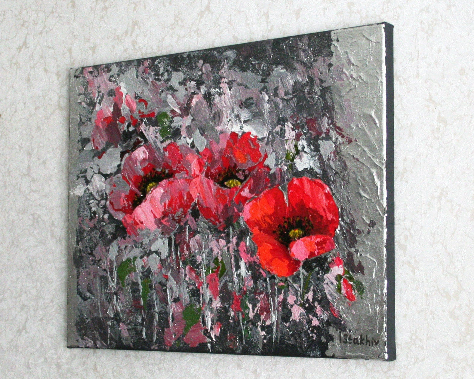 Poppies on gray original acrylic painting, ready to hang gallery wrapped canvas 30x40 cm
