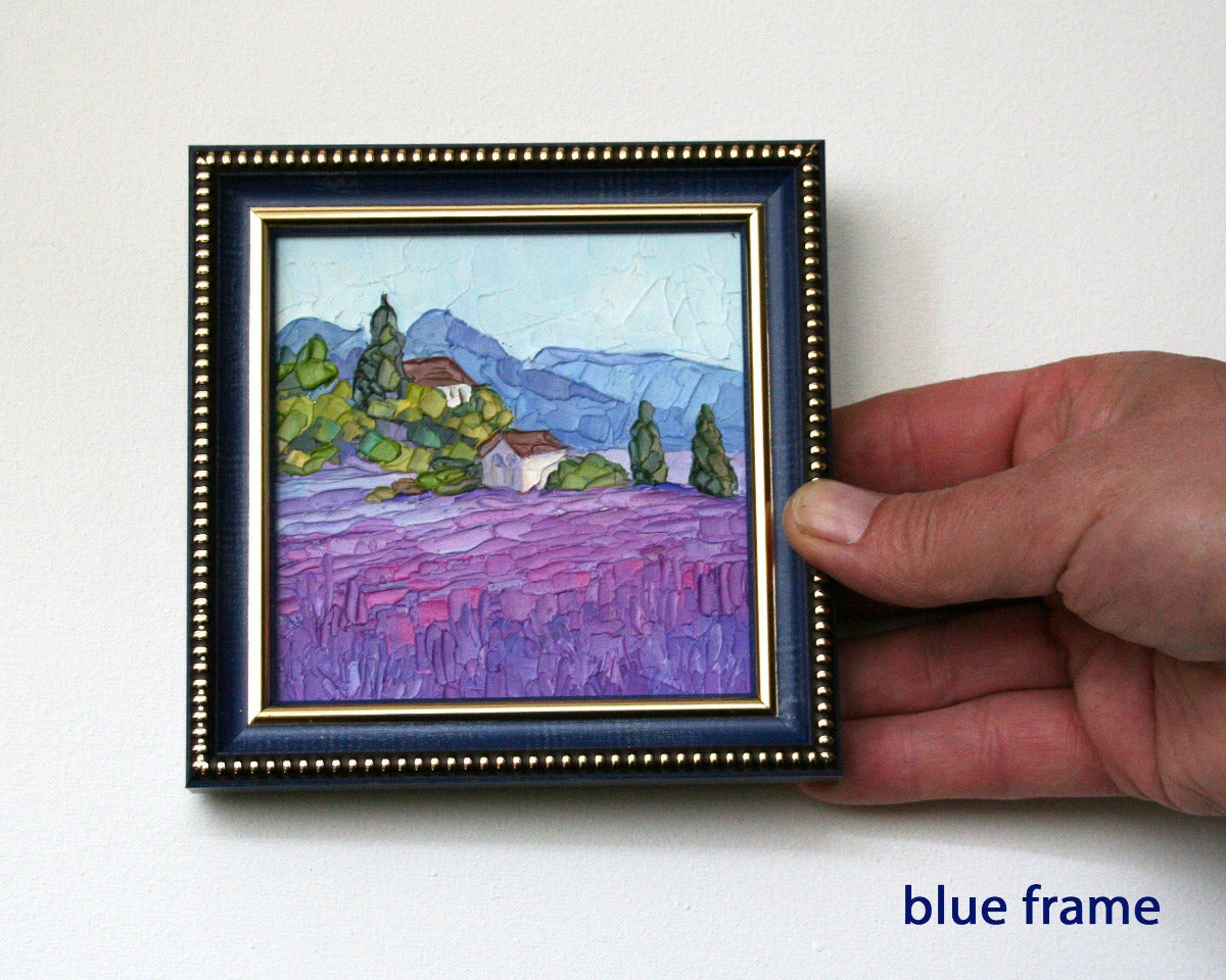 Provence lavender field painting impasto texture, purple flowers farmhouse cypress trees palette knife