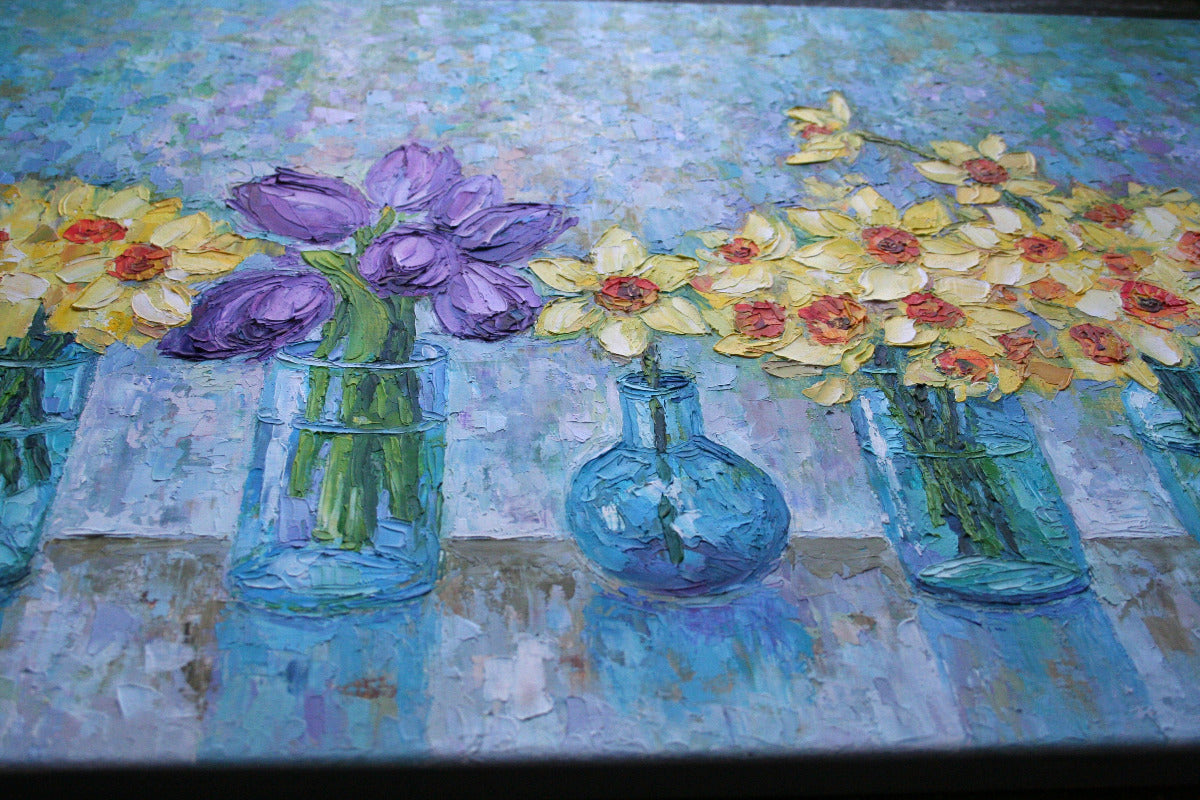 Real impasto texture close-up on authentic hand-painted daffodils and tulips painting, palette knife technique