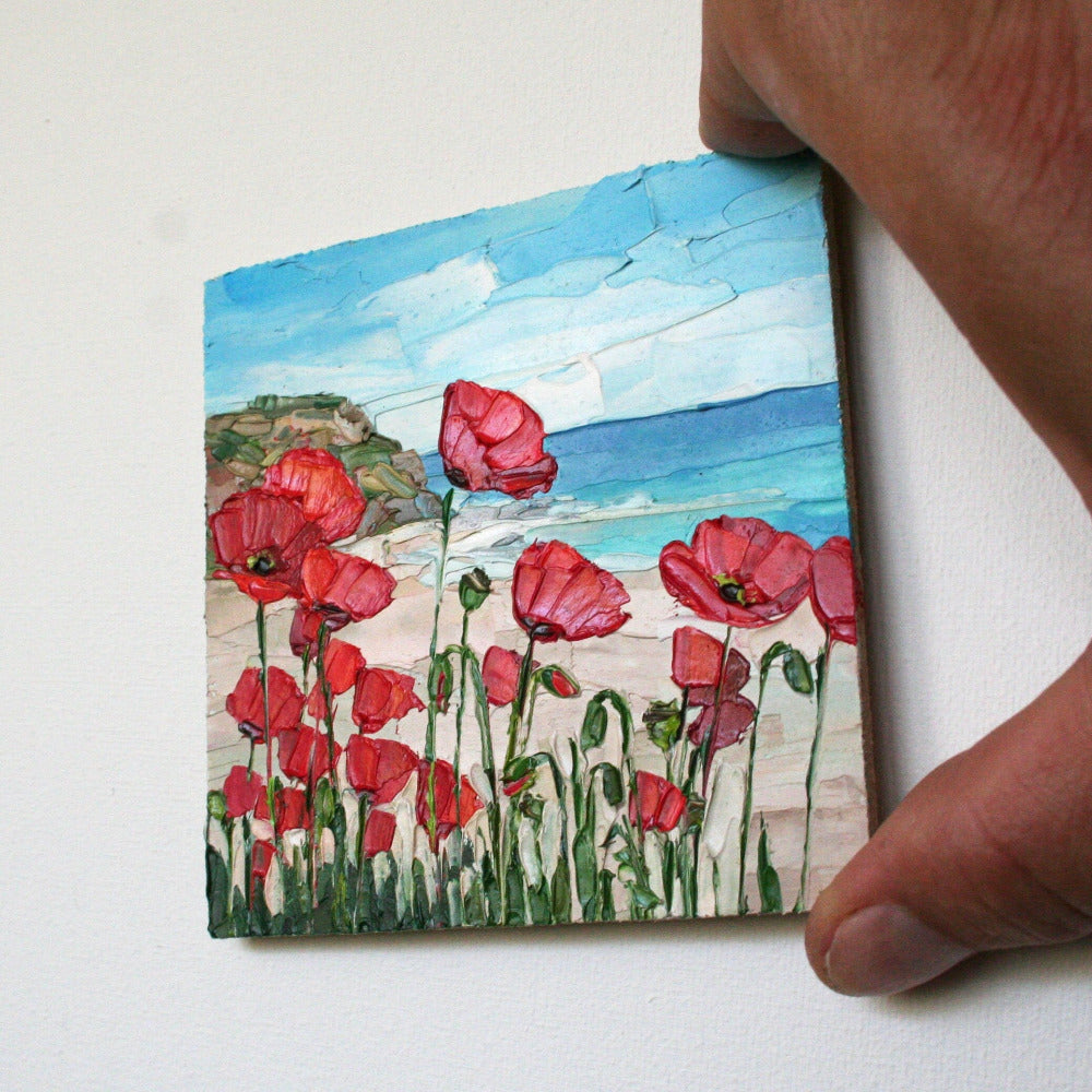 Red Poppies framed mini oil painting detail, vibrant poppy field landscape artwork