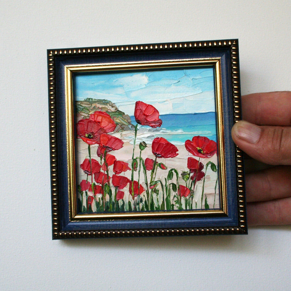 Red Poppies mini oil painting in blue frame, California landscape palette knife art by Iryna Stakhiv