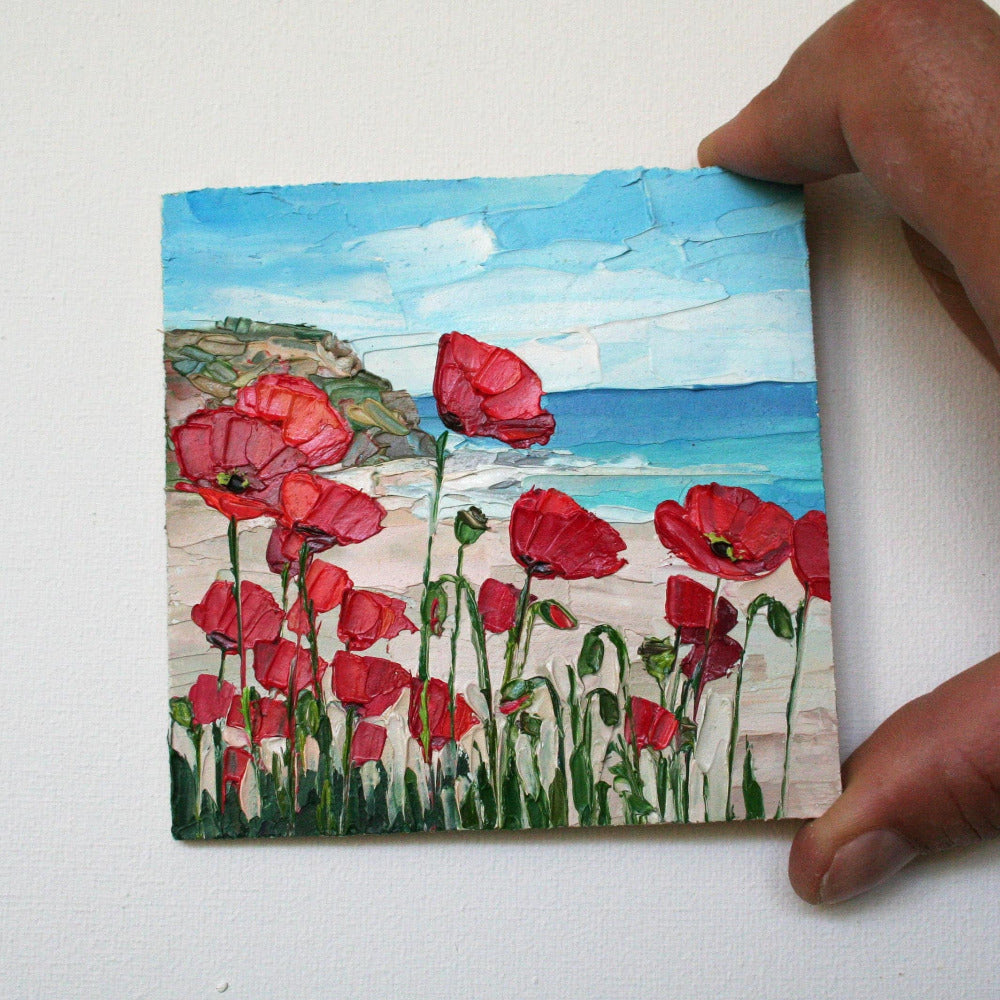 Red Poppies mini oil painting without frame, California poppy field palette knife art