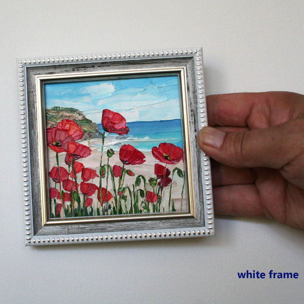 Red Poppies tiny framed oil painting 10x10 cm, original California landscape art by Iryna Stakh